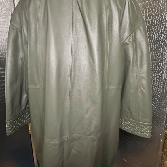 Fergucci Gray Green Leather Satin Printed Liner Collarless Coat Size 38 NWT - Picture 10 of 10